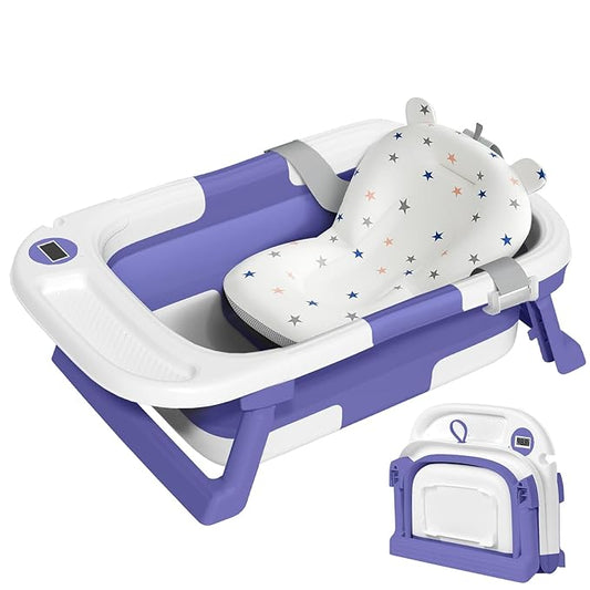 Collapsible Baby Bathtub,Baby Bath Tub with Thermometer & Soft Cushion,Baby Bathtub for Newborn to Toddler 0-36 Months,Portable Travel Baby Tub with No-Slip Feet,Baby Shower Gifts,Lavender