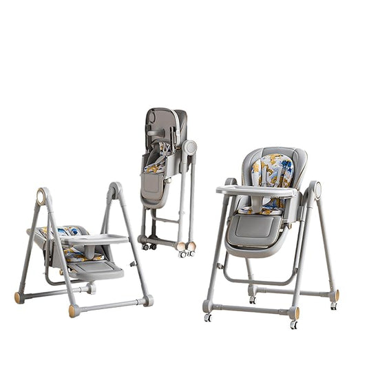 Multi Functional All in 1 Baby High Chair Swings for Infants Foldable Rocking 8 Level Height Adjustment Eco Friendly Washable PU Cushion Ultimate Baby Feeding Chair (Gray)