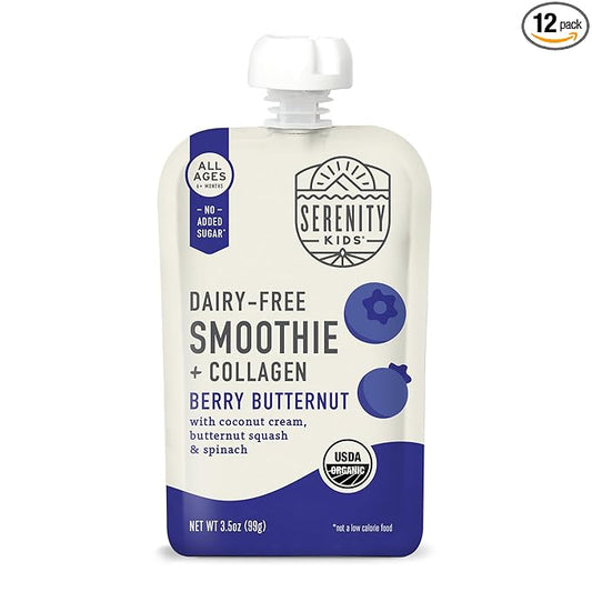 Serenity Kids 6+ Months Dairy-Free Smoothie Baby Food | USDA Organic | Grass Fed Collagen Protein | 3.5 Ounce BPA-Free Pouch | Berry Butternut | 12 Count