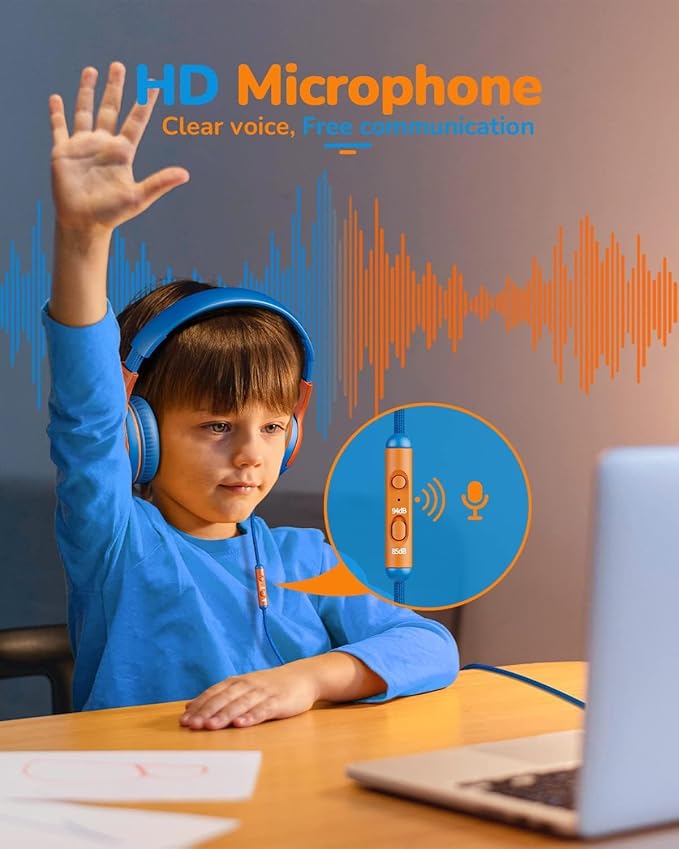 Kids Headphones Wired Toddler Headphones with Microphone, Over-Ear Headphones, 85/94dB Volume-Limiting, 3.5mm Jack, Foldable On-Ear Design - Safe & Comfortable for Learning BRBO