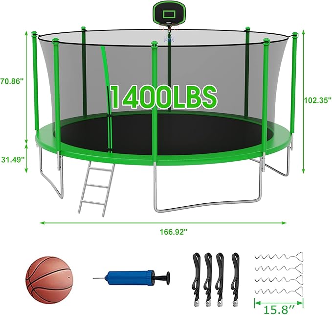 SKYUP Tranpoline 1500LBS 16 15 14 12 10 8 FT Tranpoline for 7-10 Kids and Adults, Windproof Outdoor Tranpoline with Enclosure Net, Basketball Hoop, Easy to Install & Last Long - ASTM Approved