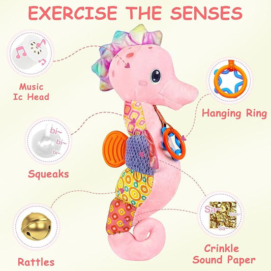 Fuzqq Baby Girl Toys 0-6 Months,Musical Stuffed Animal Plush Toy with Rattle,Soft Newborn Toy for 0 3 6 9 12 Months Girls,Baby Girl Gift,Pink