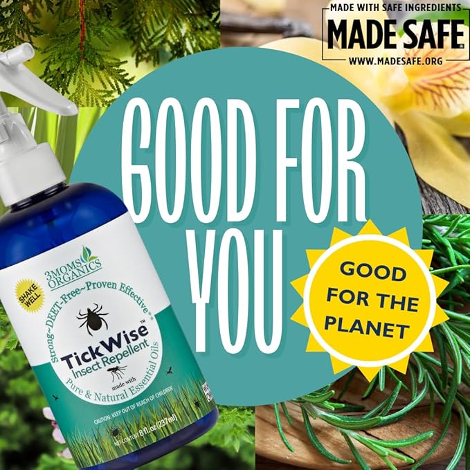 3 Moms Organics TickWise 8oz, Made with All Natural Essential Oils, DEET-Free, Tick and Insect Repellent, Plant Based Essential Oils, All Natural Ingredients Great for Adults, Kids, Dogs & Horses