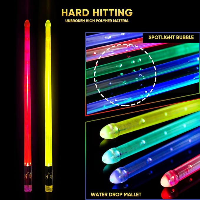 Light Up Drum Sticks Rechargeable 15 Color Changing Led Personalized Drumsticks for Kids Drummer Gifts Drum Accessories