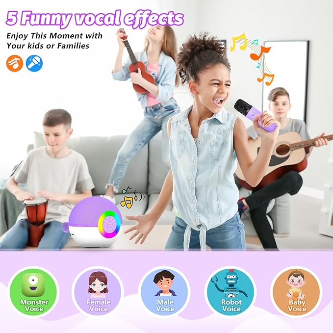 goopow Mini Karaoke Machine Speaker for Kids Adults, Portable Bluetooth Microphone Song Toys with LED Light, Best Chritmas Birthday Festival Gift for 3 4 5 6 7 8+ Year Old Girls Boys (Purple-2MIC)