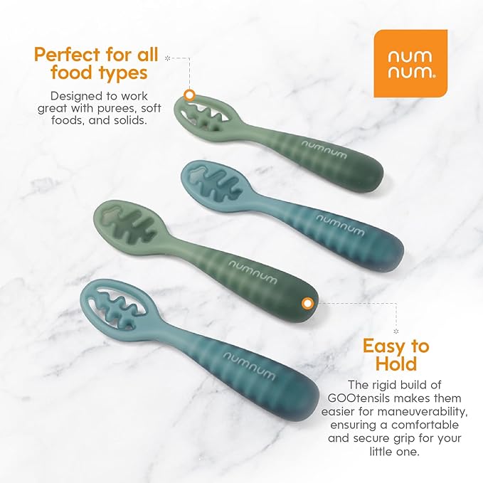 NumNum Baby Spoons Set, Pre-Spoon GOOtensils for Kids Aged 12+ Months - First Stage, Baby Led Weaning (BLW) Spoon - Self Feeding, Silicone Toddler Food Utensils - 1-Pack, 4 Spoons, Beige/Mauve
