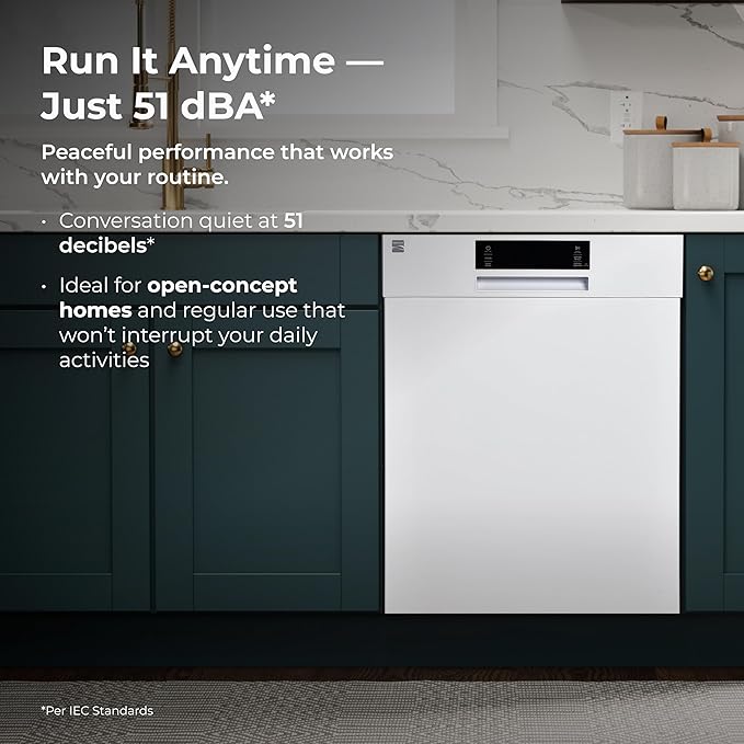 Kenmore 24" Built-in Stainless Steel Tub Dishwasher SmartWash, UltraWash, SmartDry Plus, MoreSpace Adjustable Rack and Leak Detect, Energy Star Certified, White