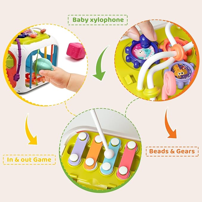 MINGKIDS 7 in1 Sensory Development Multifunctional Sensory Teething Toys for 1 2 Year Old Boy Girl,Shape Sorter Pull String Travel Car Toys for 12 Month
