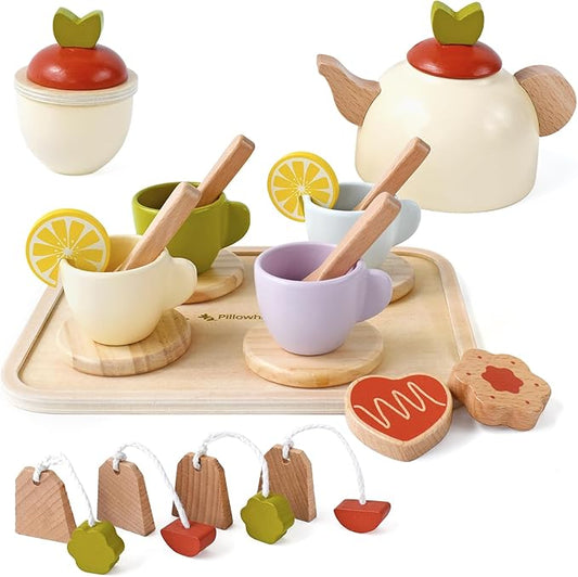 Wooden Toys Tea Party Set,Tea Set for Little Girls,Toddler Tea Set,Kids Play Kitchen Accessories,Play Food for Toddlers Boys Girls Ages 3+