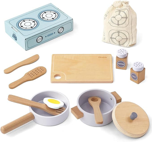 Wooden Toy Pots and Pans Cookware Playset for Kids Kitchen,Toddler Cooking Set,Pretend Play Kitchen Accessories for Toddlers Boys Girls Ages 3+