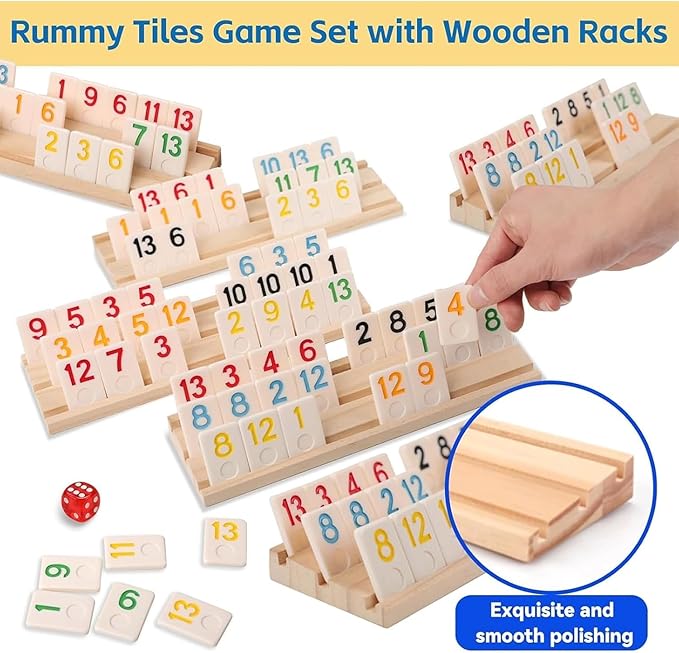 Deluxe Rummy Cube Game Set 6 Colors with 8 Wooden Racks 162 Rummy Tiles, Travel Family Board Game for Adults and Kids