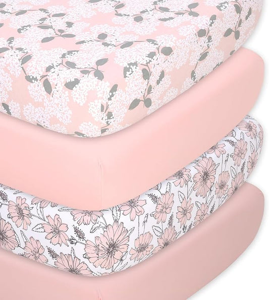 The Peanutshell 4-Pack Fitted Organic Crib Sheet Set - Soft & Breathable Baby Girl or Boy Crib Sheets, 100% Jersey Cotton Nursery Decor, Fit for Standard Mattress Cover- Cottage Floral