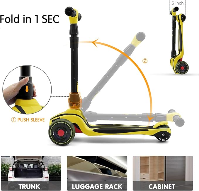 LOL-FUN Toddler Scooter for Kids Ages 3-12 Years Old Boy Girl with 3 Wheel LED Lights, Extra-Wide Childrens Foldable Kick Scooter Kids Ages 3-5 with 4 Adjustable Height and Lean-to-Steer