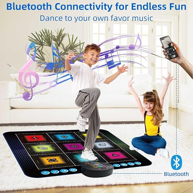 SUNLIN Light Up Dance Mat, Toy Gift for Girls Boys 3-10, Wireless Dance Pad w/ 9 Light-Up Buttons & Bluetooth, Music Pad w/ 4 Game Modes, Volume Control, Birthday Gifts for 3 4 5 6 7 8 Years Old Kids