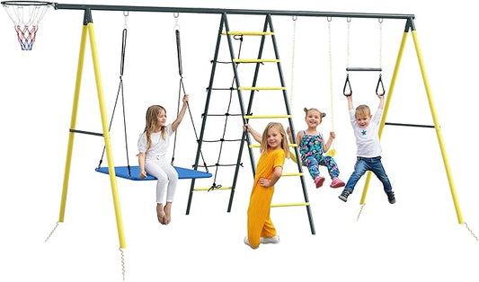 Outsunny 440 lbs Swing Set for Backyard, 5 in 1 Heavy-Duty A-Frame Stand Outdoor Playset for Kids, with Saucer Swing, Slide, Swing Seats, Gym Rings, Basketball Hoop, Climbing Steps and Net