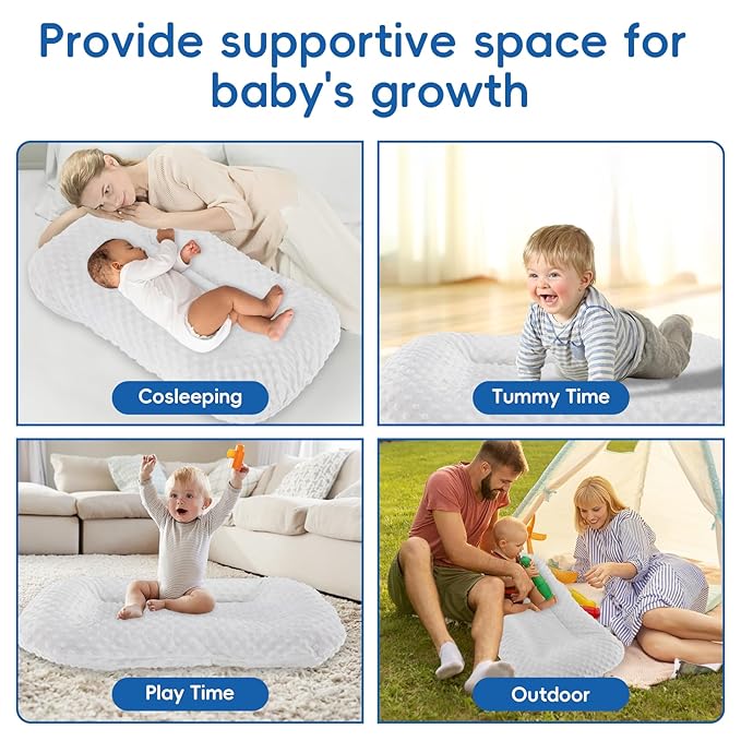 Baby Lounger for Newborn Flat Cover,Baby Nest Cover Tummy Time Mat Breathable & Soft,0° Angle Babies Essentials Gifts Newborn Lounger for Boys & Girls 0-12 Months(White Bean)