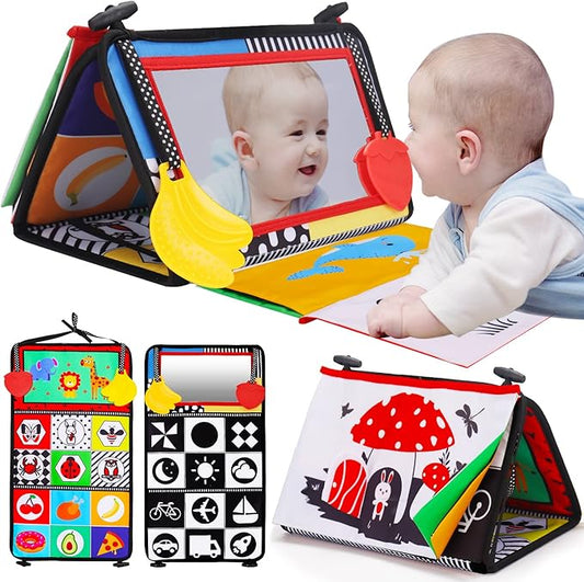 Tummy Time Baby Mirror Infant Toys Newborn 0 3 Months Brain Development with Crinkle Cloth Book Teether Black and White High Contrast Baby Toys 2 4 5 0-6 Month Boys Girls Sensory Activity Shower Gifts