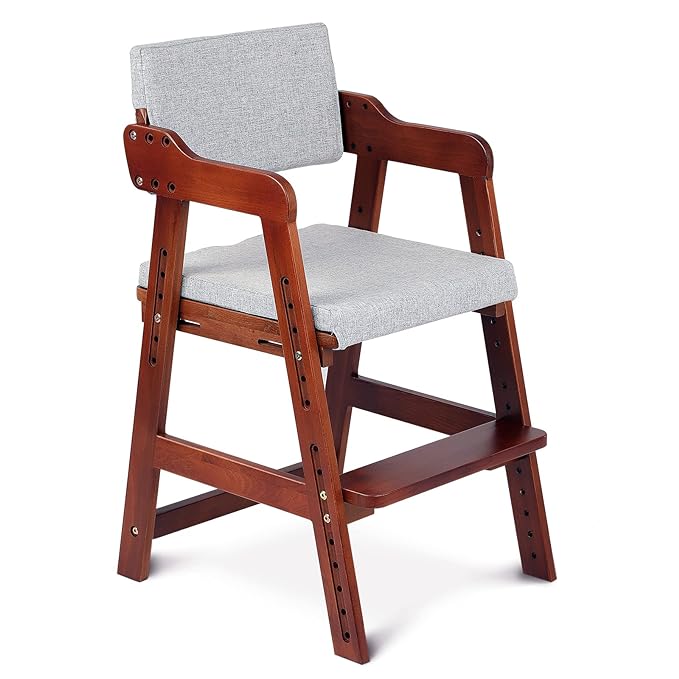 Ezebaby Wooden High Chair for Toddlers to Teens, Adjustable Kids Study & Dining Chair with Steps and Removable Cushion (Nut-Brown)