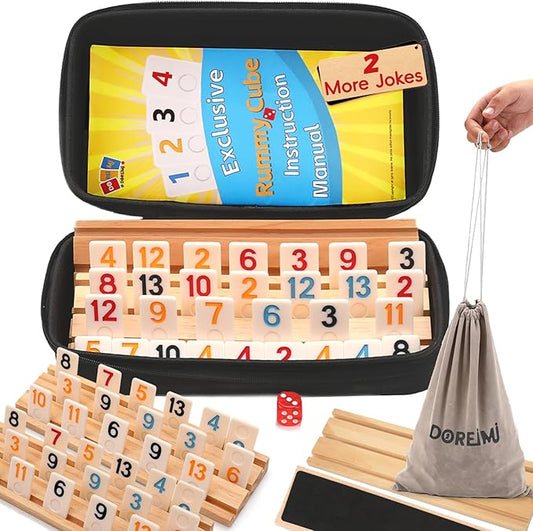 Upgraded Rummy Cube Game Set 6 Plays with 6 Wooden Holders and 162 Rummy Tiles, Travel and Family Board Game for Adults and Kids