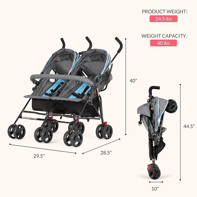 Dream On Me Volgo Twin Umbrella Stroller in Blue, Lightweight Double Stroller for Infant & Toddler, Compact Easy Fold, Large Storage Basket, Large and Adjustable Canopy