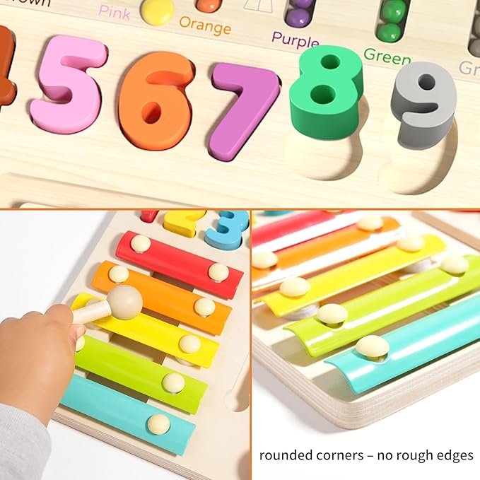 Magnetic Color and Number Maze, Xylophone, Sliding Puzzle & Number Match 4-in-1 Wooden Toy for Kids Montessori Fine Motor Skills Educational Toy for Preschool Learning and Home Play