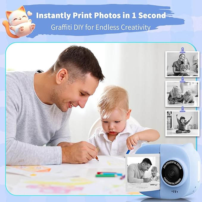 Portable Instant Camera for Kids Print Photos Travel Digital 1080P Video Camera for Toddlers 3 4 5 6 7 8 Year Old Boy Holiday Christmas Birthday Gifts (Blue)