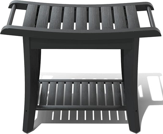 Zhuoyue Bamboo Shower Stool Bench Waterproof with Storage Shelf for Shaving Legs or Spa Bath Seat in Bathroom & Inside Shower for Adults Seniors Elderly (24 x 13.4 x 18.5 inches+Black)