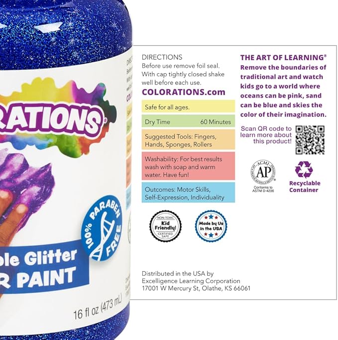 Colorations® Green Washable Glitter Finger Paint, 16oz, Paint, Washable Finger Paint, Washable Finger Paint For Younger Kids & Toddlers, Non-Toxic and Washable, Great Sensory Paint Experience