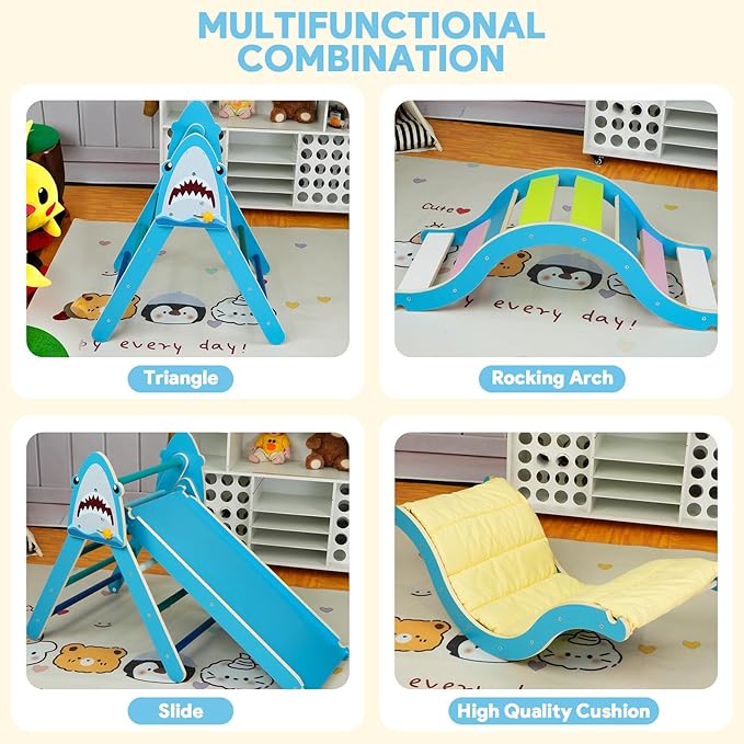 Pikler Triangle Set, Climbing Toys for Toddlers 1-3 Inside with Cushion,9 in 1 Toddler Climbing Toys Indoor, Montessori Foldable Wooden Pikler Triangle Set for Kids 1-3，Gift for Boys and Girls