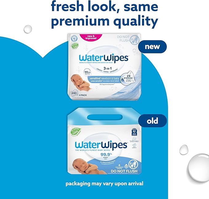 WaterWipes Sensitive+ Newborn & Baby Wipes, 3-In-1 Cleans, Cares, Protects, 99.9% Water, Unscented & Hypoallergenic, 240 Count (4 Packs)