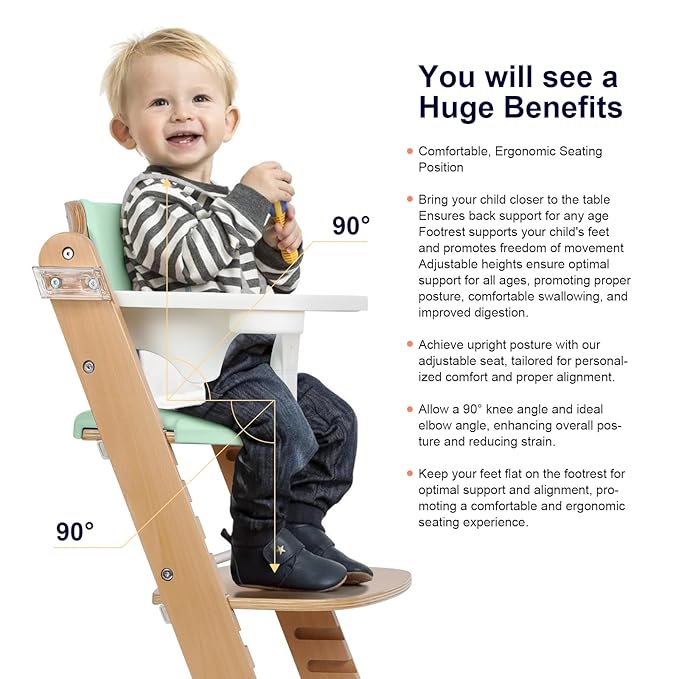 Cowiewie Natural Wooden High Chair for Babies & Toddlers 3-Tier Remove Adjustable Tray and Highchair with Cushions, Easy to Clean, Portable(Green)