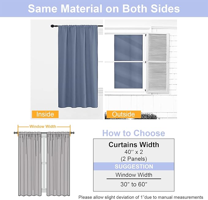 Simplebrand Ava Denim Blue Short 36 Inches Blackout Curtain 2 Panels Set, Half Window Rod Pocket Privacy Curtain Tiers for Kitchen, Curtains Blackout for Bathroom Shades, W40 x L36 Inch, Denim Blue