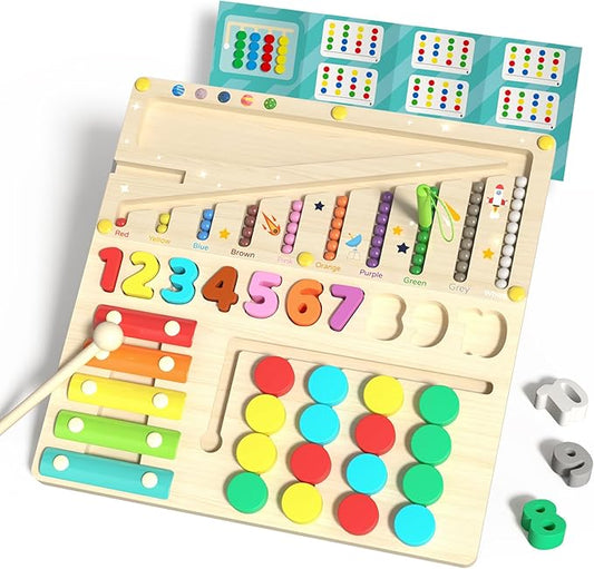 Magnetic Color and Number Maze, Xylophone, Sliding Puzzle & Number Match 4-in-1 Wooden Toy for Kids Montessori Fine Motor Skills Educational Toy for Preschool Learning and Home Play