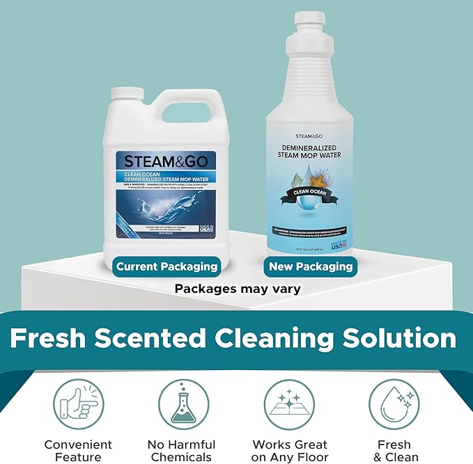 Steam & Go Demineralized Water - Multi-Surface Cleaner, PVC-Free Ready-to-Use for Mops & Floor Steamers - Ideal for Kitchen, Bathroom, & Home Surfaces - Clean Ocean Scent - 32oz (Pack of 12)