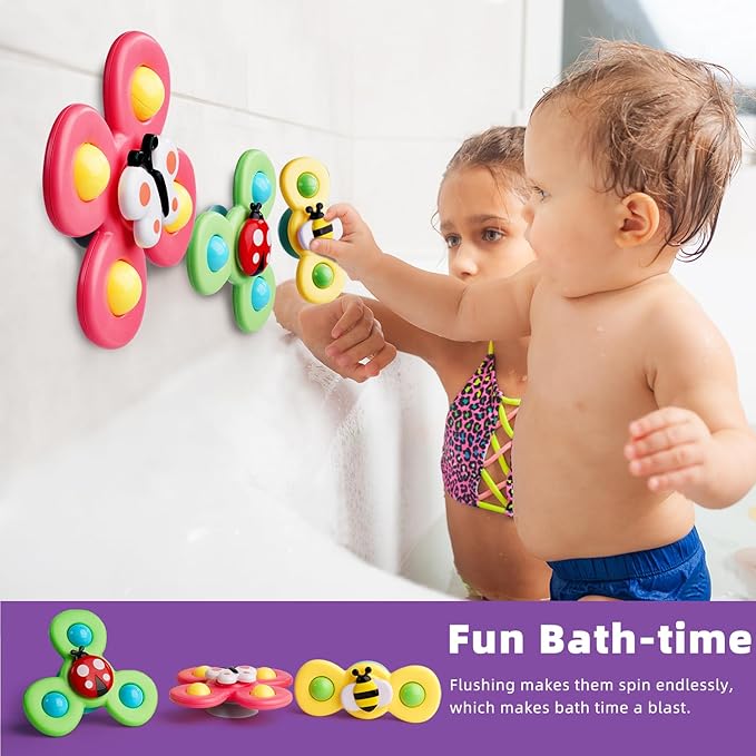 LiKee Strong Suction Cup Fidget Rotating Sensory Bath Toys for Baby 12 18 Months Airplane Car Travel Table & Window Toys for 1 2 Years Old Toddler Boys and Girls (Insect-1)