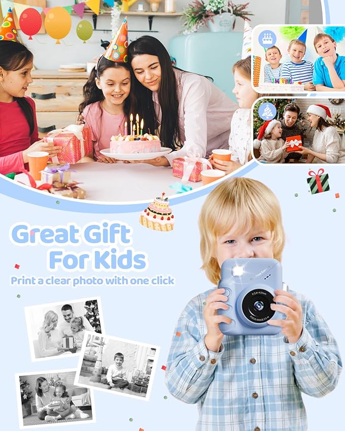 Kids Camera Instant Print for Girls Ages 3-14, 3-inch HD Screen Camera for Kids with Printing Paper, 1080P Digital Toddler Toys for 4 5 6 7 8 9 10 11 12 Years Old (Blue)