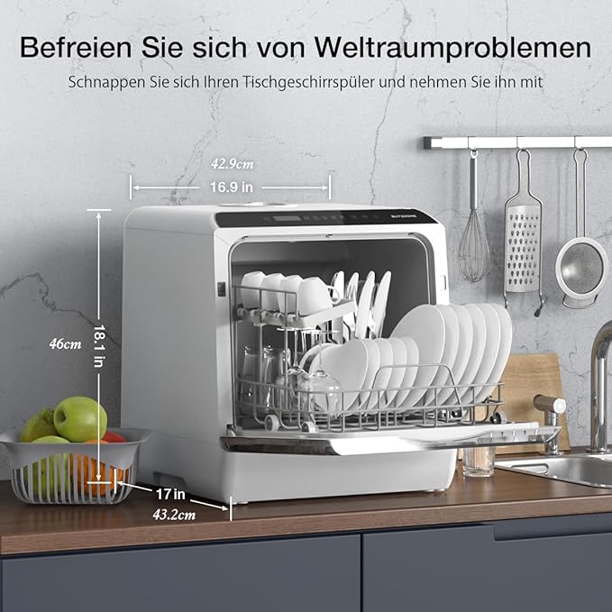 Portable Dishwasher Countertop, WIFI Smart Dishwasher, Compact Mini Dishwashers with 5L Built-in Water Tank, 6 Programs, 360° Dual Spray, High-Temp& Air-Dry Function, Fruit Cleaning