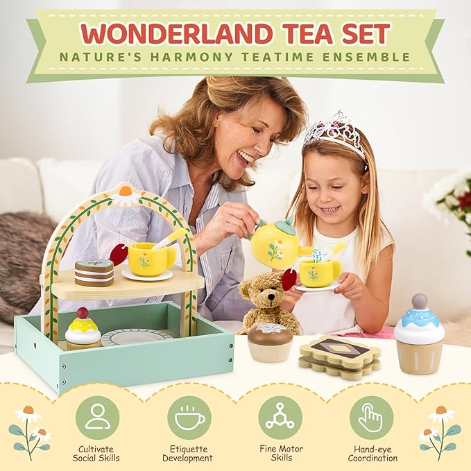 Wooden Tea Sets for Little Girls 1-3 Play Food Cake Toys Toddlers 3-5 Kitchen Accessories Pretend Play Princess Playset for 2 3 4 5 6 Year Old Girl Boy Party Birthday Gift