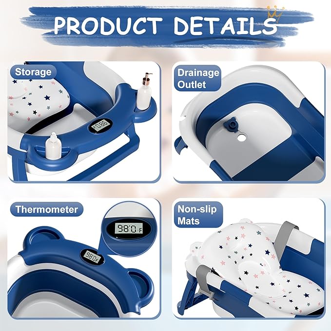 TPN Collapsible Baby Bathtub for Infants to Toddler with Real-time Temp Monitor+Floating Cushion,Foldable Baby Bath Tub Set Applicable 0-36 Month,Perfect Portable Travel Baby Tub for Newborns Boy