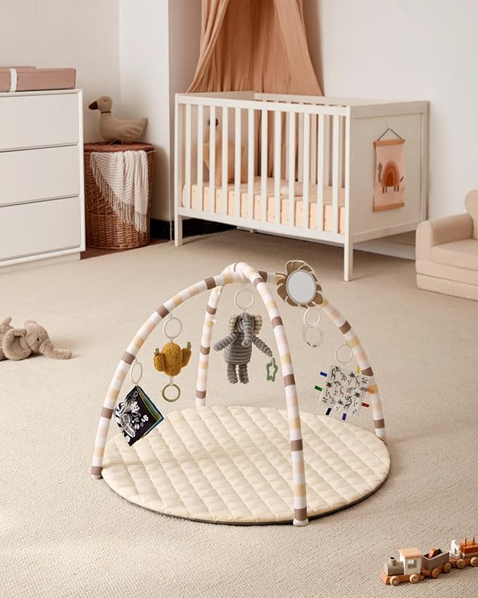 Blissful Diary Baby Play Gym Mat, Tummy Time Activity Mat with 6 Detachable Toys for Stage-Based Sensory & Motor Skill Development, Easy to Install & Clean, Baby Essentials Gift, Sandy Beige