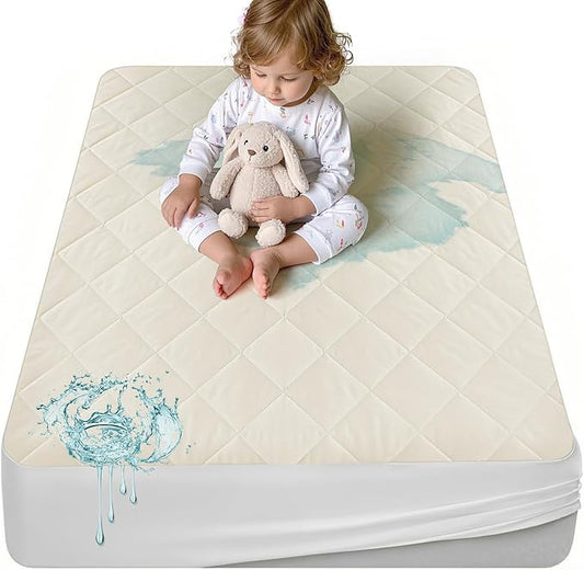 Lofe Organic Cotton Crib Mattress Protector - Top&Side Waterproof, 100% Waterproof Crib Mattress Protector, Breathable Baby Crib Mattress Cover, Toddler Crib Mattress Fitted 52x28x9 in