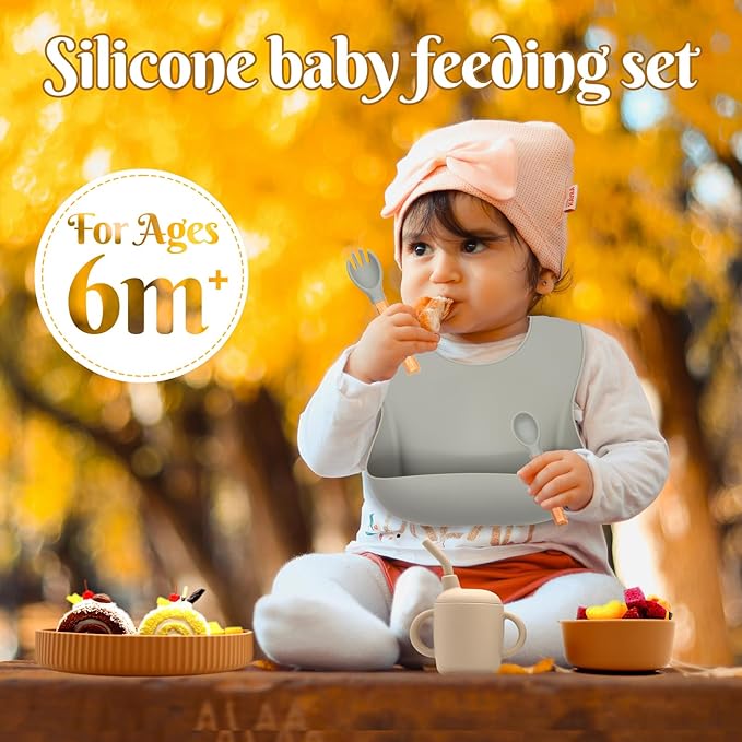 Silicone Baby Feeding Set 21 Pcs, Led Weaning Supplies, Baby Feeding EatincSupplies Set BPA Free, Essentialsfor Newborn Gift Walnut Color, Beige, Smoky Gray