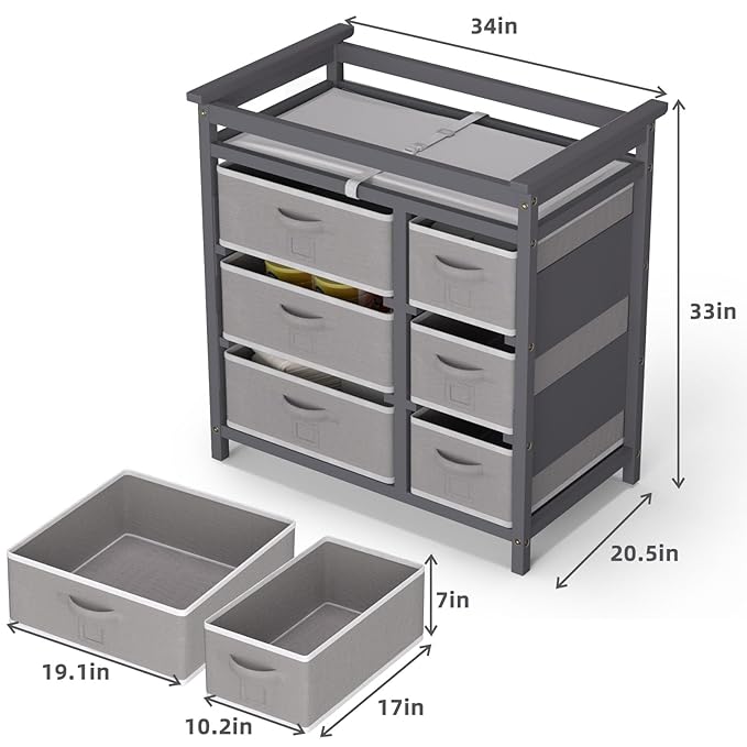 YUFU Baby Changing Table, Diaper Changing Station with 6 Storage Drawers and Changing Pad, Changing Table Dresser, Gray