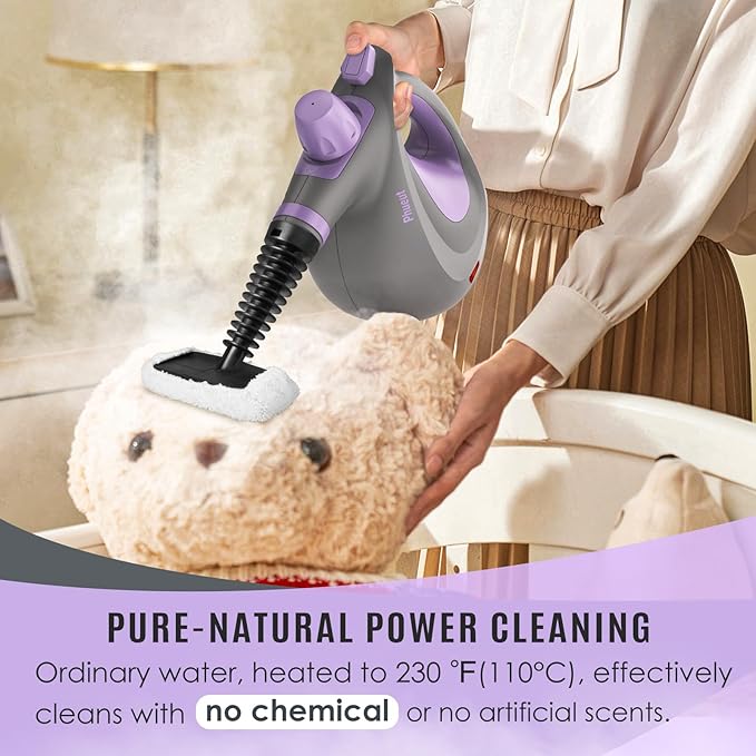 Pressurized Handheld Multi-Surface Natural Steam Cleaner with 12 pcs Accessories, Multi-Purpose Steamer for Home Use, Steamer for Cleaning Floor, Upholstery, Grout and Car (Purple)