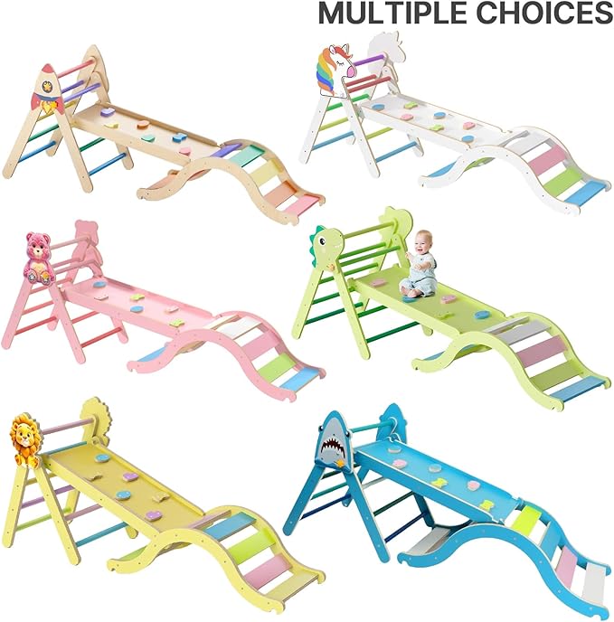 Pikler Triangle Set with Cushion 9 in 1, Climbing Toys for Toddlers 1-3, Montessori Indoor Baby Playground for Safe Motor Skills Development, Large Foldable Wooden Climbing Toys Set for Playroom