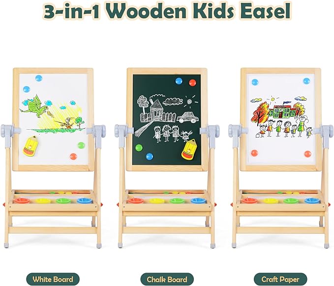 XCSOURCE Art Easel for Kids, 360°Rotating Adjustable Toddler Easel, Double Sided Wooden Kids Easel Drawing Board with Magnetic Chalkboard, Dry Erase White Board & Paper Roll Paint Art Set for Kids 2+