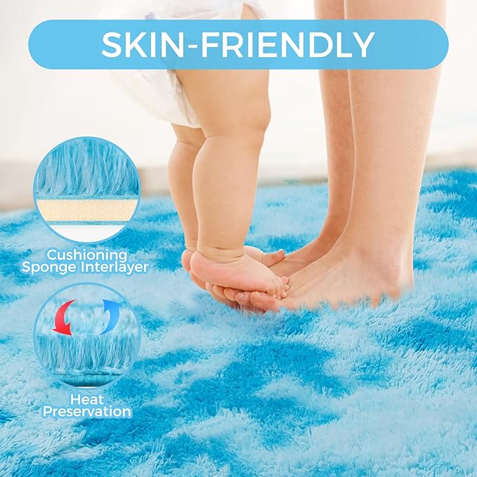 Luxury Shag Area Rug, 3X4 Indoor Ultra Soft Plush Rugs for Living Room, Carpet for Kids Boys Girls Dorm Nursery Home Decor Aesthetic, Upgrade Anti-Skid Durable, Tie-Dyed Blue