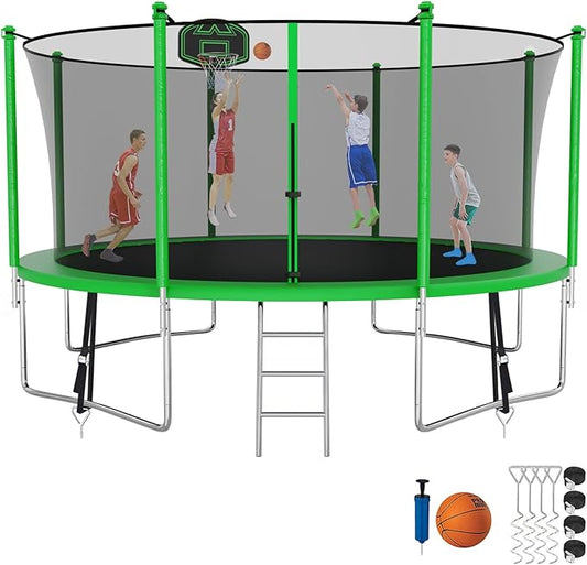 SKYUP Tranpoline 1500LBS 16 15 14 12 10 8 FT Tranpoline for 7-10 Kids and Adults, Windproof Outdoor Tranpoline with Enclosure Net, Basketball Hoop, Easy to Install & Last Long - ASTM Approved