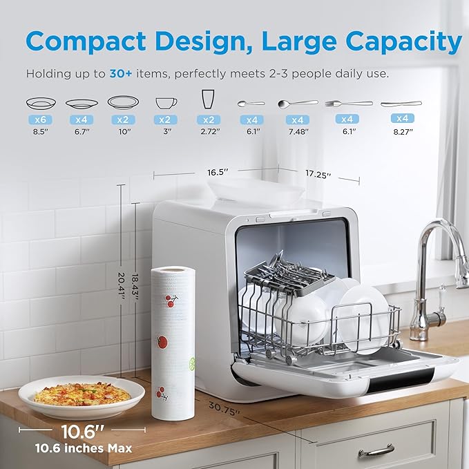 Midea MDC17P2DWW Countertop Dishwasher Portable with 6L(1.59G) Built-in Water Tank, 5+2 Programs, Auto Door Open, Dual Drying System, Energy-Saving and Odor Removal, for Apartments, Dorms& RVs, White