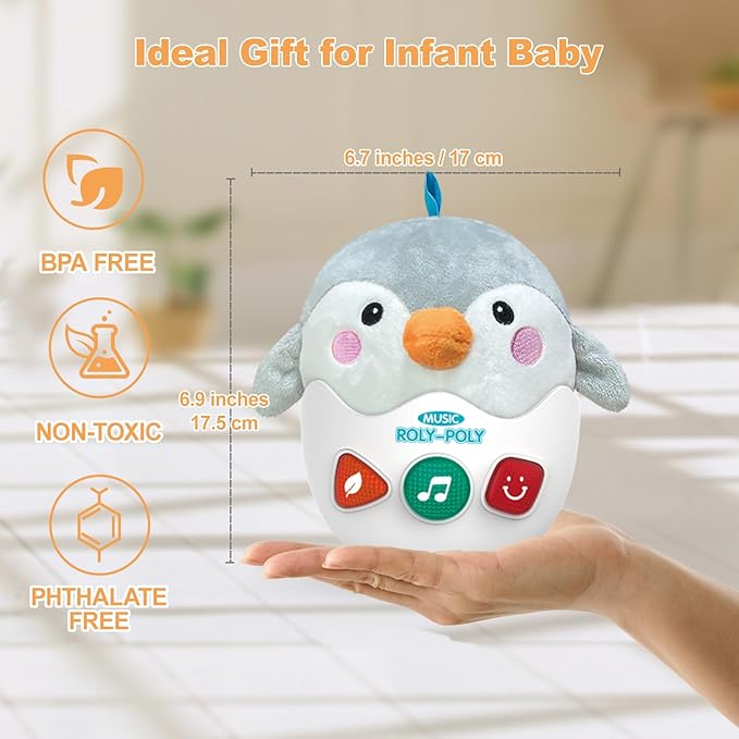 Infant Toys 0-3-6-12 Months Shower Gifts, Plush Cute Stuffed Animal Penguin Musical Baby Tummy Toys with Light & Sounds, Roly-Poly Easter Birthday Gift for Newborn Boys & Girls